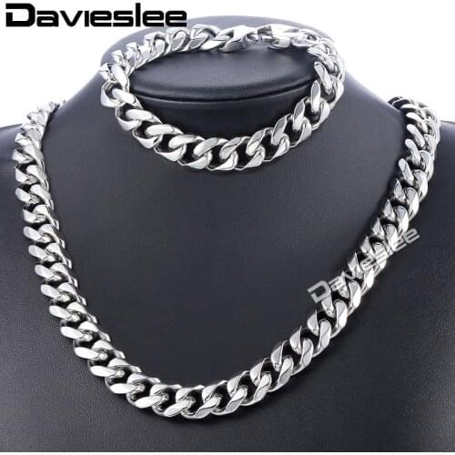 Daiveslee Polished Mens Necklace Bracelet Jewelry Set 316L Stainless Steel Chain Silver Color Curb Cuban Link DHS43