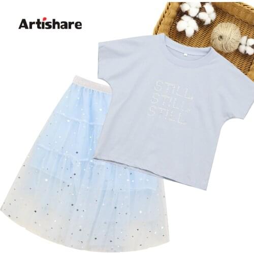 Kids Summer Clothes Girls Tshirt + Mesh Skirt Childrens Clothes For Girls Sequin Kids Girls Clothes Letter Childrens Clothes