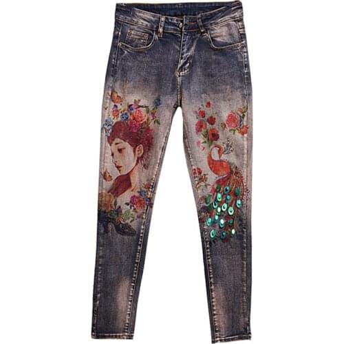 Denim Pants 3D Printed Stretchy Jeans Lighting Women Peacock Flower Printing Pattern Large Size 32 Skinny Jeans For Lady Denim