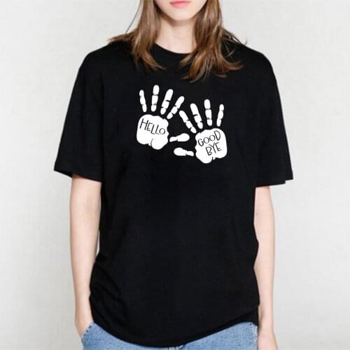 BLINGPAW Minimalist Hello Goodbye Handprints Letter Print T-shirt Cotton Unisex Top&Tees Summer Tee Shirts