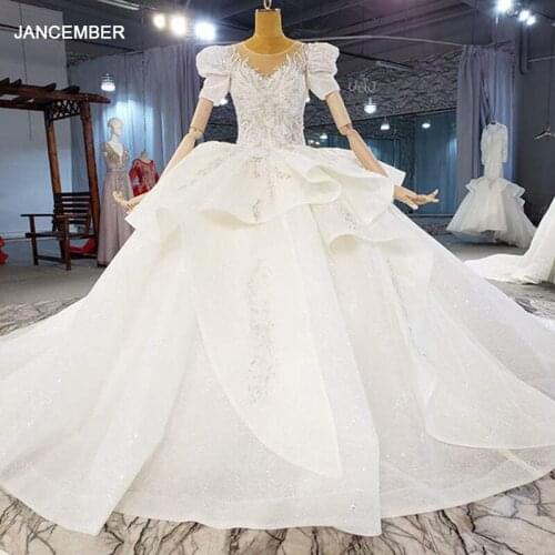 HTL2027 Luxurious Deep Sexy V-Neck Crystal Beading Sequined Wedding Dress 2021 For Woman Ball Gowns Short Sleeve