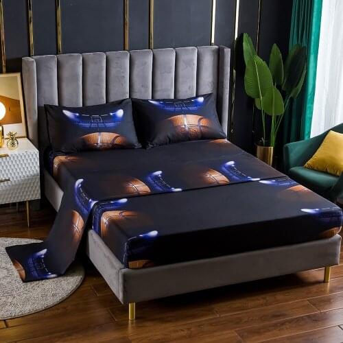 3/4pcs Queen King Size Dark Bed Sheet Set Covers Basketball Fire Print Flat Fitted Bed Sheets with Pillowcase Double Bedclothes