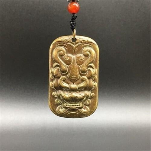 Brass Kirin Brand Pendant Copper Beast Head Ward Off Evil Antique Rectangular Copper Brand Pendant Key Chain Pendant