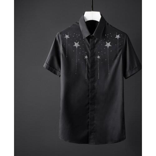 100% Cotton Mens Shirts Luxury Czech Crystal Drill Design Short Sleeve Mens Dress Shirts Plus Size 4xl Starry Slim Man Shirts