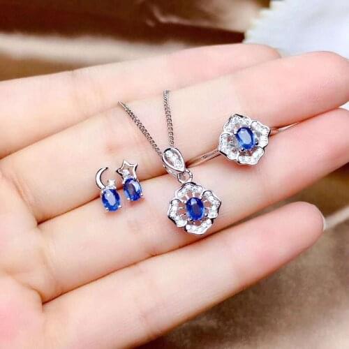 Real Natural Sapphire jewelry set Natural Real Sapphire 925 sterling silver 1pc pendant,1pc ring,2pcs Earring