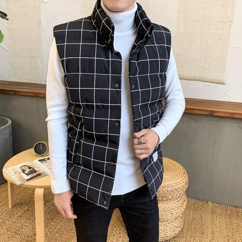 New Fashion Black Plaid and Striped Stand Collar Mens Winter Warm Vest Coat Slim Fit Sleeveless Gilet Jacket
