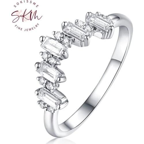 SKM Curved Baguette wedding band Diamond ring Women Solid white Gold Stacking Dainty Diamond Arc Promise Anniversary Gift