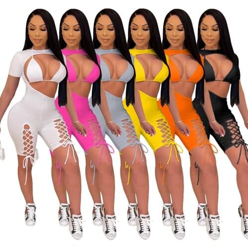 Solid Sexy Lace Up Hollow Out Two Piece Set Short Sleeve Party Club Playsuit With Bra Summer Outfit Fitness Jumpsuit Rompers hot