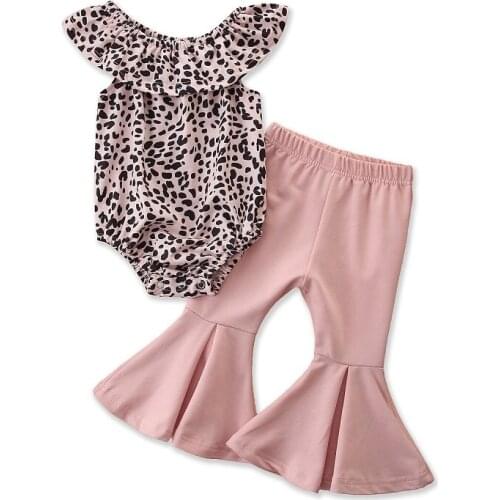 6M-3Y Infant Kids Baby Girl Sleeveless Leopard Bodysuit Tops Flared Pant Bell Bottom 2PCS Outfits Summer Clothes Set