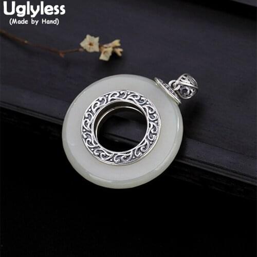 Uglyless Real 925 Sterling Silver Natural White Jade Button Pendants for Women Ethnic Handmade Circle Pendant Necklaces NO Chain