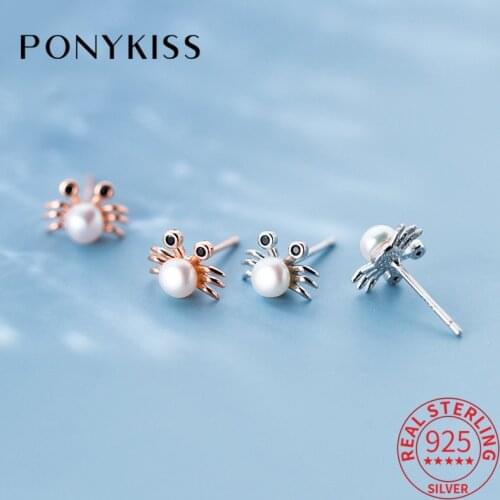 PONYKISS Trendy S925 Sterling Silver Round Pearl Minimlist Animals Stud Earrings Women Party Delicate Jewelry Accessories