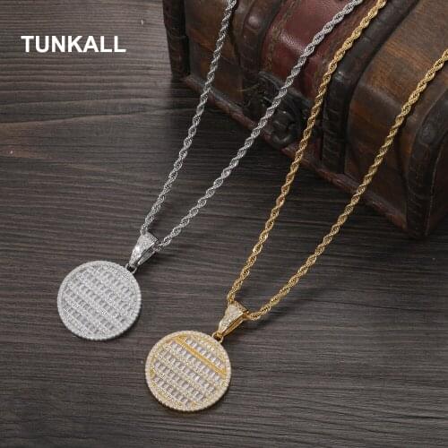 TUNKALL Round Shape Wholesales Bling Bling Micro pave Hip Hop Iced out Brass Pendant with CZ Mens Necklace Jewelry CN380