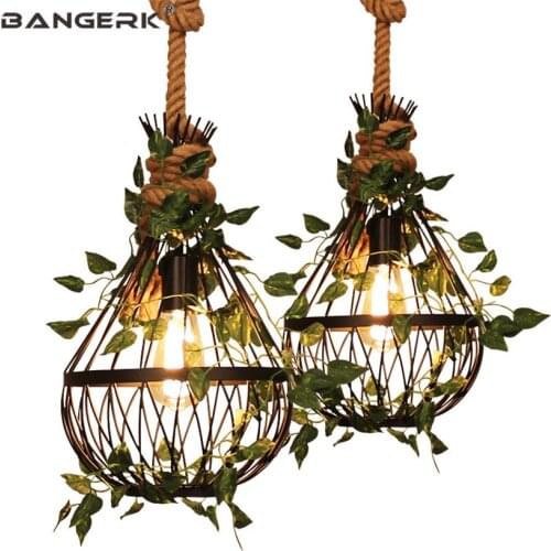 Vintage Industrial Hemp Rope Pendant Lamp LED Edison Retro Iron Hanging Light Loft Decor Artificial Plant Dining Room Lights