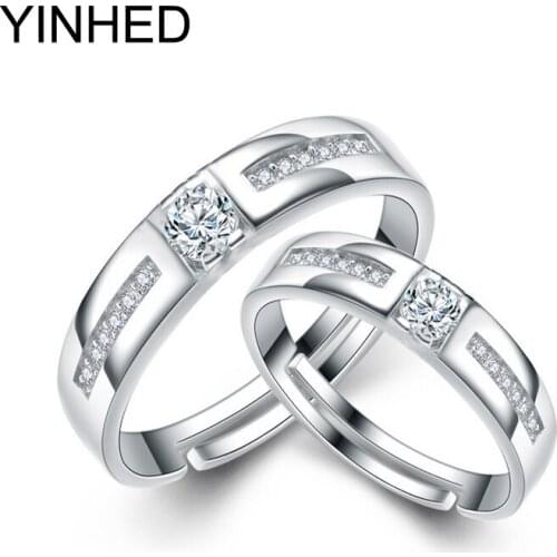 YINHED 1 Pair Wedding Rings for Women and Men Pure 925 Sterling Silver Jewelry Cubic Zirconia CZ Opening Couple Rings ZR264