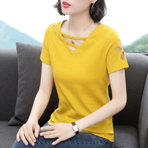 2021 New Fashion Hollow Out Solid Color Summer V-neck Short Sleeve T-shirt With Slim Fit Womens Sexy Top