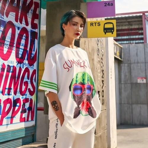 Women T Shirt Cut Dog Summer Time Print Sport Wear Back Reflective Letters Loose Long Tees Plus Size Hip Hop BF Pullover Tops