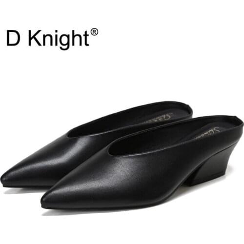 Women Heels Shoes Brand 2020 Fashion Mules For Women PU Leather Pointed Toe Slip On Flip Flops Women Slipper Black White Shoes