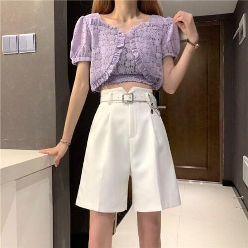 2021 Spring Summer Elegant High Waist Black White Shorts Women Casual Solid Wide Leg Bermuda Shorts with Belt Pockets Y445