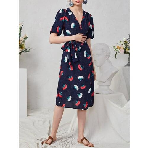 Womens V-Neck Wrap Midi Dress Elegant Carnation Print Female Long Dress Ladies Slim Waist Robe Holiday Party