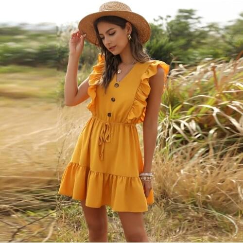 2021 New Summer Dresses Women Casual V-neck Ruffle Sleeveless Lace Up Solid Dress Female Yellow High Waist Chiffon Mini Sundress