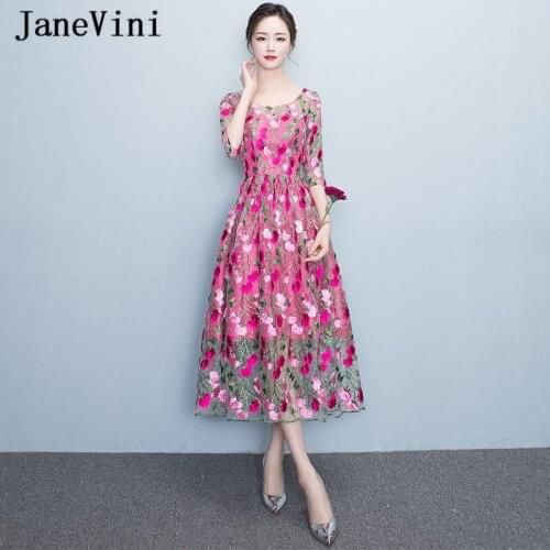 JaneVini Vintage Fuchsia Floral Prom Dresses Embroidery 2019 Scoop Neck Vestidos De GalaTulle Ankle Length Formal Party Gowns
