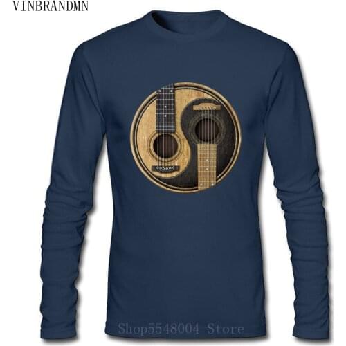 2020 Classic Yin Yang Design Old Acoustic Guitars T-Shirt For Mens Music instrument Long Sleeve Cotton Tee Shirts Tops For Sale