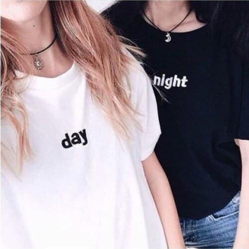 Simple Tshirt Black White Day Night Matching Tees Couples T-Shirt Women Tumblr Fashion Graphic Tee Cute Bestfriend Tops