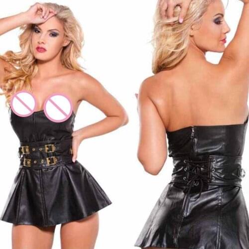 Faux Leather Corset Dress Black Strapless Clubwear Buckled Body Shaper Outfit Sexy Pole Dancing Mini Skirt Party Dress Nightwear