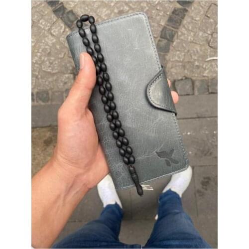 Karali Leather Phone Compartment Crazy Gray Locked Genuine Leather Wallet-kuka Rosary Gift