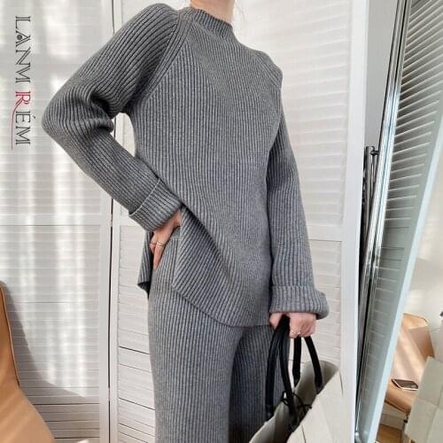 LANMREM 2021 Winter New Female Warm Split Striped Sweater Top Knitted Wide Leg Pants Two Piece Set Women Fashion Outwear 2W785