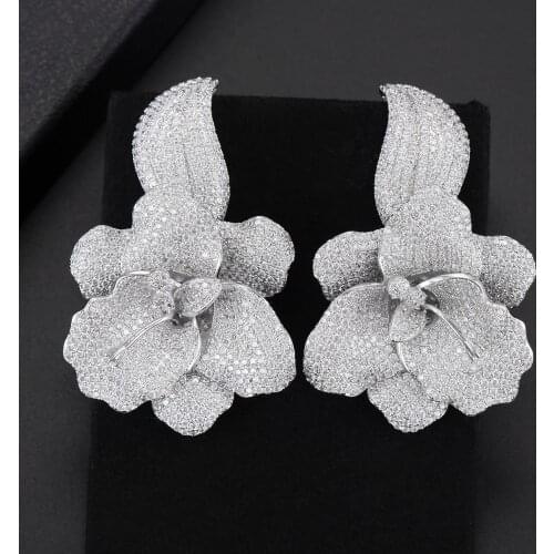 LARRAURI Luxury Peony Flower Blossom Cubic Zirconia Women Statement Long Drop Earring Wedding Party Bridal Fringed Jewelry Gift