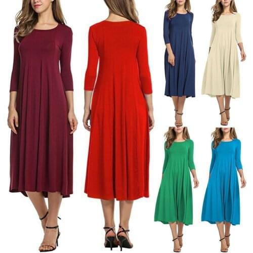 Summer Dress 2021 Casual Women Solid Color O Neck 3/4 Sleeve Waist Tight Large Swing Midi Dress Women Long Dress Sexy Lady Dress