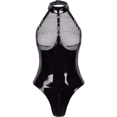 70% Hot Sell Women Sexy Faux Patent Leather Hollow Zipper Crotch Bodysuit Leotard Clubwear