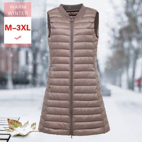 Fashion Ultra Light Long Down Vest Baseball Collar Female White Duck Down Slim Thin Sleeveless Coat Casual Waistcoat Plus M-3xl
