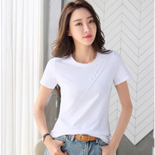 GGRIGHT Button New Women T Shirt Solid 2021 Short Sleeve T-Shirt Female Summer Tops Basic Cotton Woman Clothes Tee shirt Femme