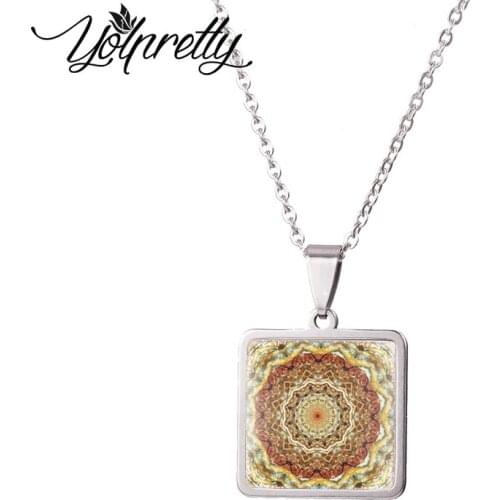 20mm Painting Religion Mandala Square Stainless Steel Necklace Glass Cabochon Pendants Necklace Jewelry