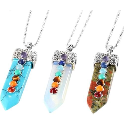 Natural Crystal Gem Pendant Necklace Seven Chakra Amulet Yoga Meditation Sword Shape Mens and Womens Jewelry Ball Bead Chain