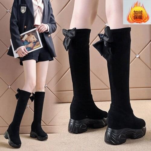 Short booty girl inside raised thick-soled slope heel but knee suede thigh back bow of middle thigh elastic women boots