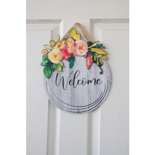 Welcome Written Wood Flower Printed Door Ornament