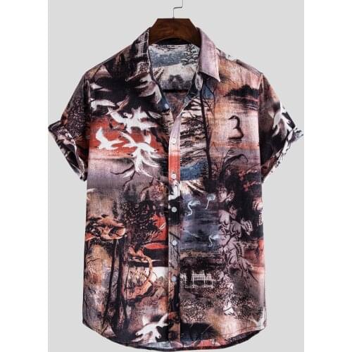 PROWOW 2021 new summer plus size mens short-sleeved shirt fashion printed shirt British fan male linen shirt hawaiian shirt
