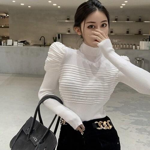 Knitted Pullovers Turtleneck Slim Fit Fashion Sweaters for Women Sweet Puff Sleeve White/black Jumper Fall Clothes Pull Femme