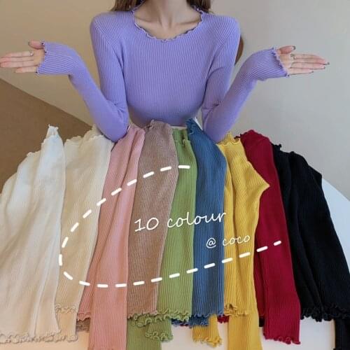 Vintage Clothes 2000S Aesthetics Sexy Ruffles Cut Out Y2K Large Round Neck Pullover Blouse Slim-Fit Inner Long-Sleeved Knitted