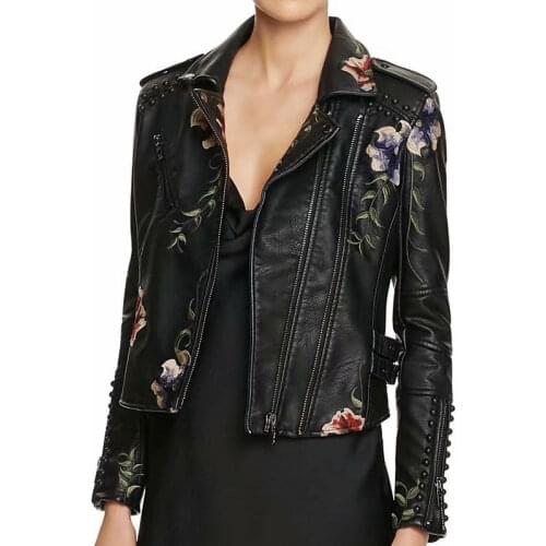 2021 Fashion Women Retro Floral Embroidery Rivets Faux Leather Jackets Female PU Motor Black Voilet Beige Punk Outerwear Coats