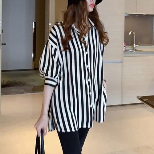 Women Spring Summer Style Loose Blouses Shirts Lady Casual Striped Printed Turn-down Collar Long Sleeve Blusas Tops DD9133