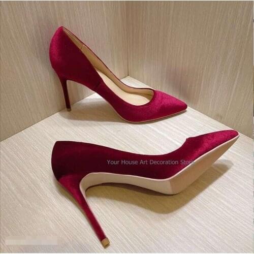 2021 High Quality Female Slip On Pumps Woman Sexy Thin High Heel Shoes Red Flock Shoes Pointed Toe