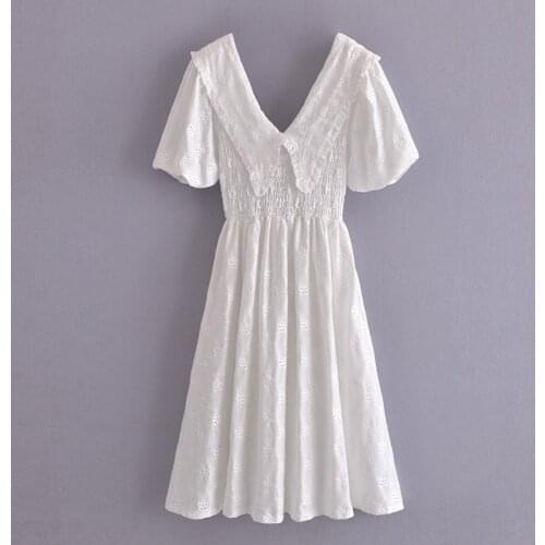 Sweet Embroidery White Midi Dress Women Lantern Short Sleeve Elegant Dresses 2021 Summer A Line Ruffles Party Dress