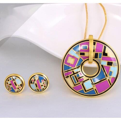 Zlxgirl hot classic Geometry Enamel Stainless steel pendant & earring jewelry sets Fashion women gold chain necklace sets