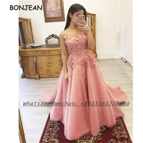 2021 Pink Evening Dress A Line Lace Top Appliques Floor Length Elegant Evening Prom Party Gowns