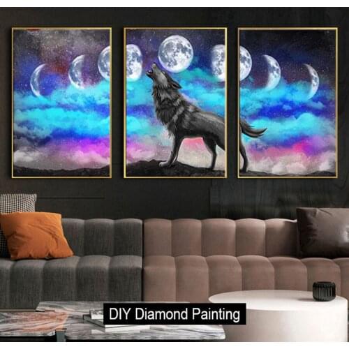 3pcs Diamond Embroidery Piece Wolf Wall Art Black Wolf Waxing and Waning Moon on Mountain Scenery Picture Diamond Painting