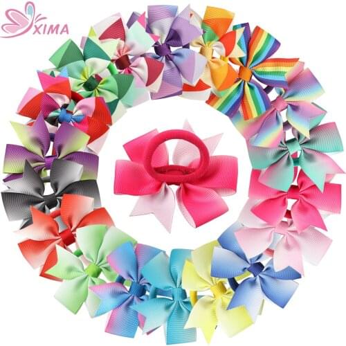 XIMA 18pcs/lot 3''Rainbow Hair Bows Children Colorful Bows with Elastic Nylon Band Hair Ties Hair Accessories for Girls